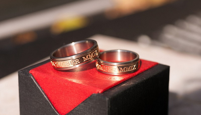 Matching titanium and rose gold wedding bands