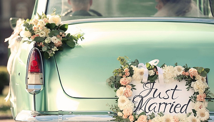 Beautiful wedding car with plate JUST MARRIED