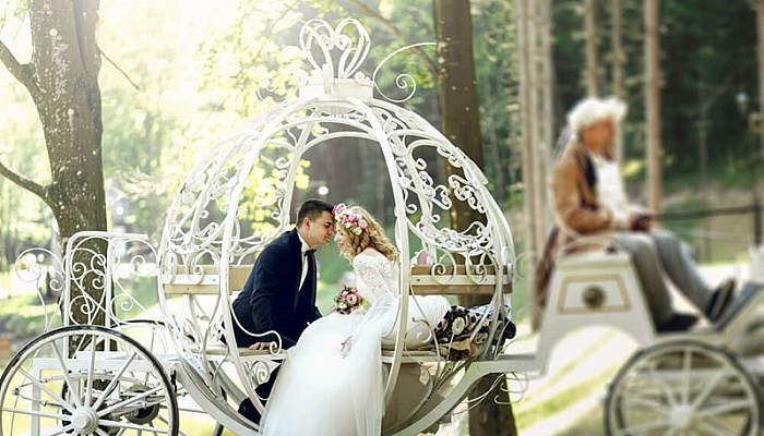 Handsome groom kissing blonde beautiful bride in magical fairy tale carriage in sunlit park